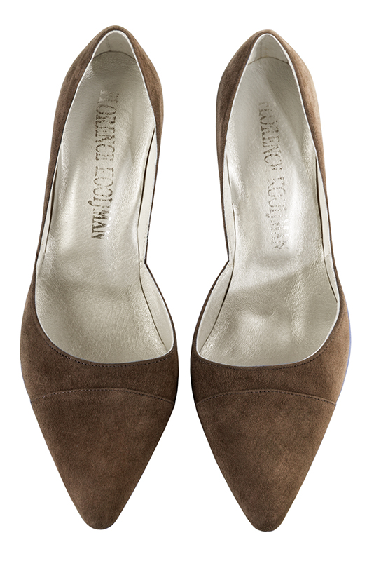 Chocolate brown women's open arch dress pumps. Tapered toe. Very high spool heels. Top view - Florence KOOIJMAN
